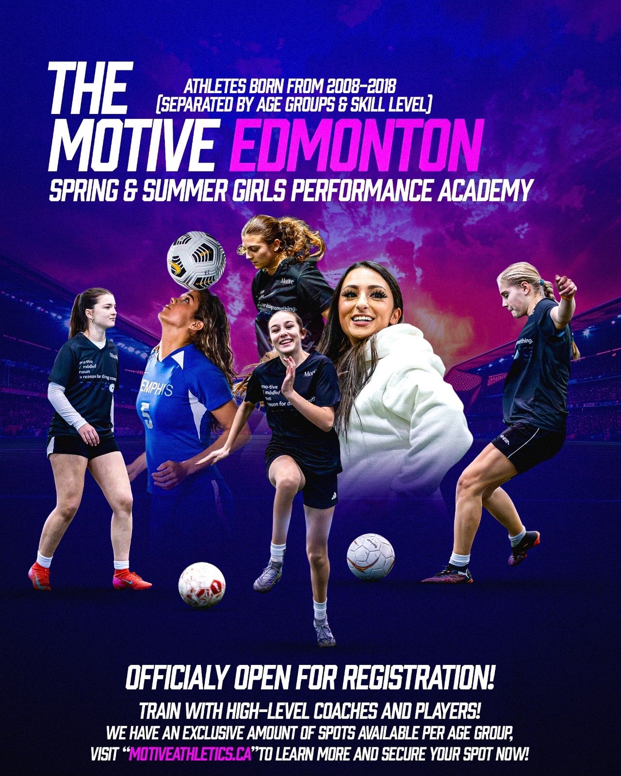 The Motive Edmonton Spring & Summer Girls Performance Academy featuring coaches and young female athletes playing soccer