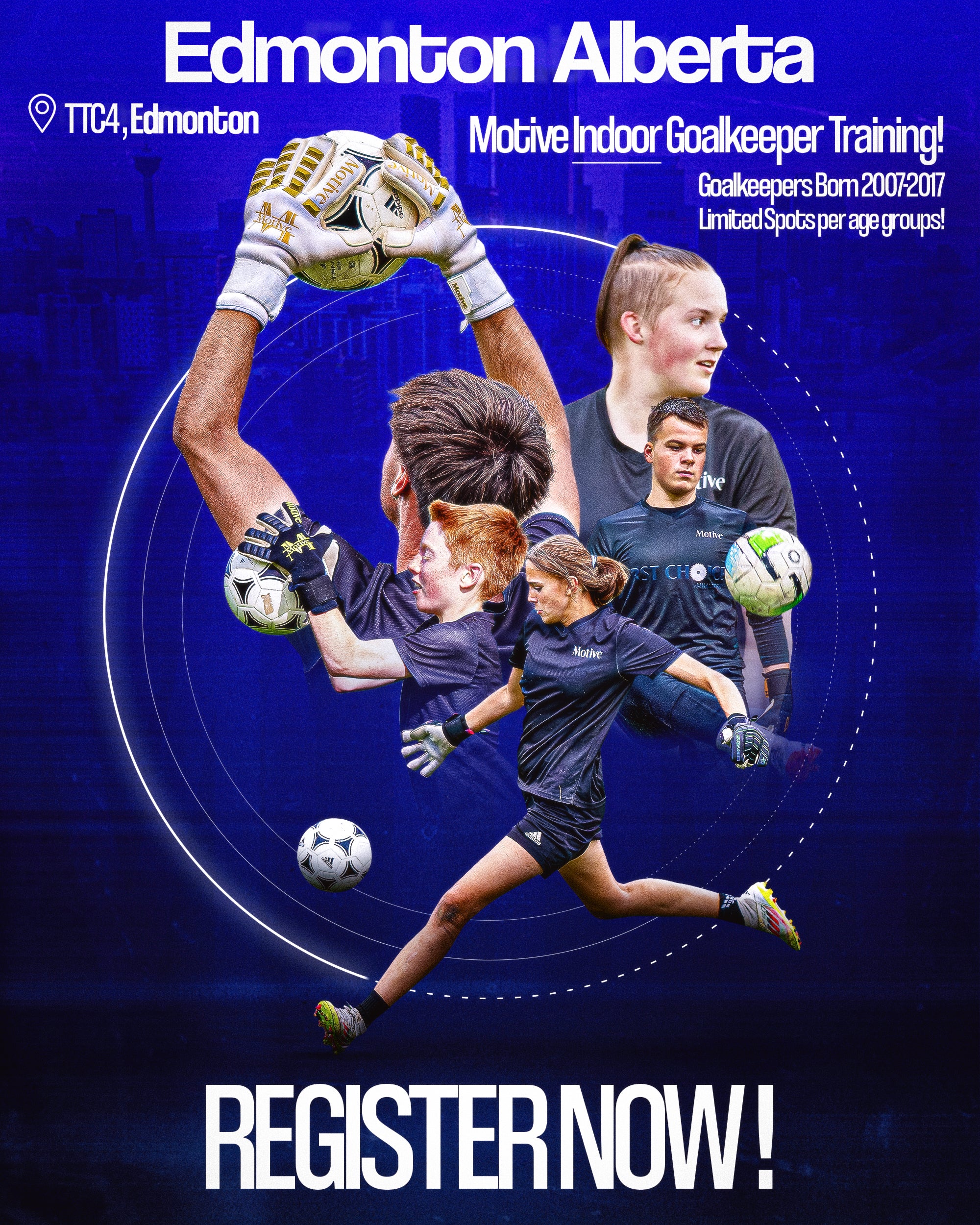 Poster for Motive Indoor Goalkeeper Training in Edmonton, Alberta.