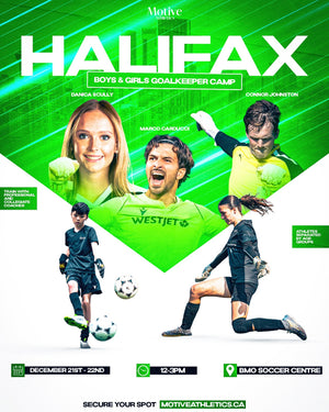 Halifax Boys & Girls Goalkeeper Camp poster – coaches Danica Scully, Marco Carducci, Connor Johnston, December 21-22, 12-3PM, BMO Soccer Centre