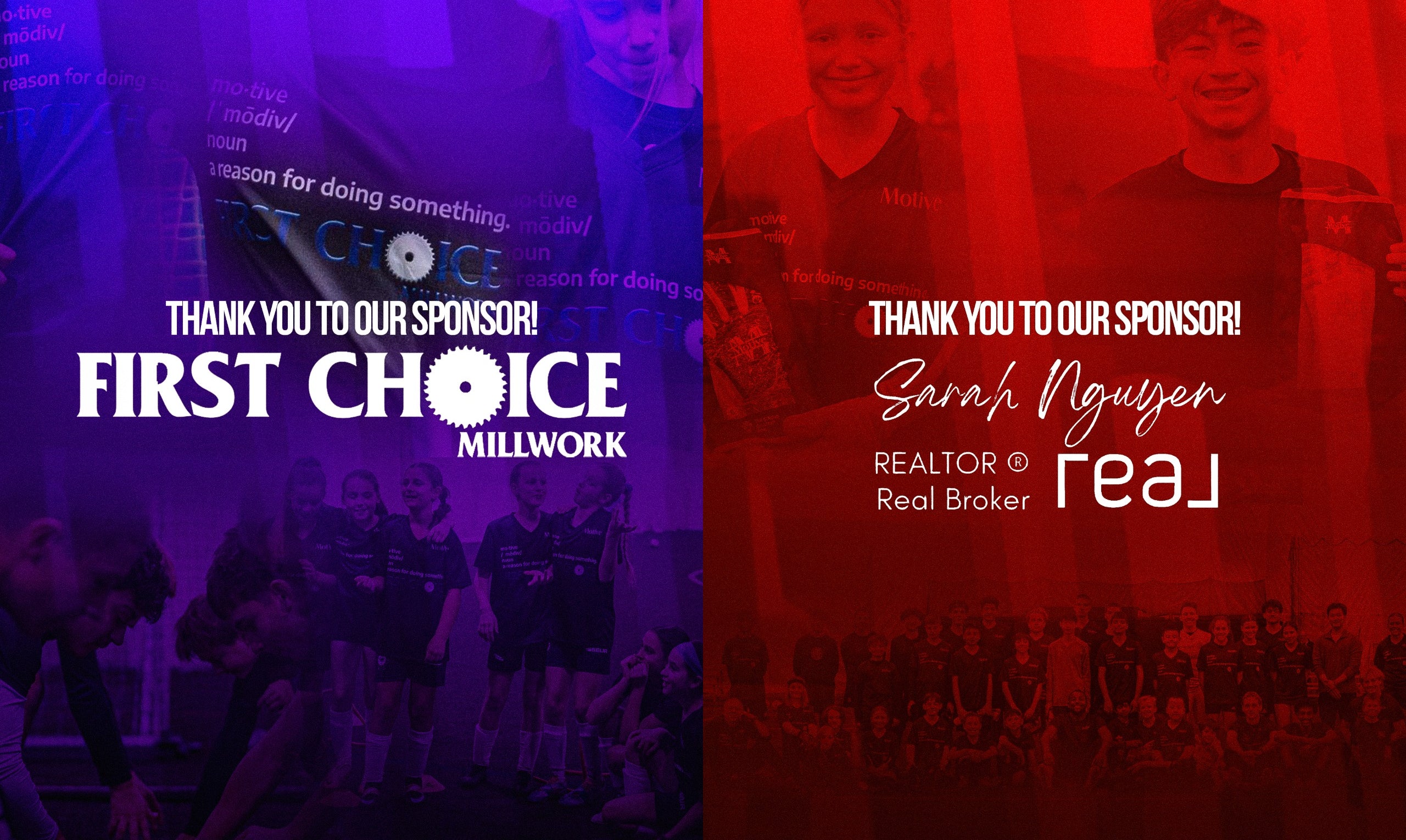 Two sponsor acknowledgments of 'First Choice Millwork' and 'Sarah Nguyen' with a background of the athletes they helped support