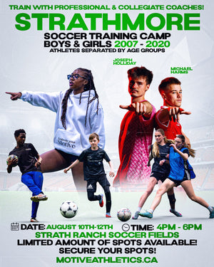 Strathmore Soccer Training Camp poster – coaches Joseph Holliday and Michael Harms, boys and girls born 2007-2020, August 10-12, 4-6PM, Strath Ranch Soccer Fields