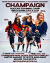 Champaign Girls Soccer Training Camp poster – coaches Bella Zanoni, Alyssa White, Cailynn Junk, and Ashley Stellon, girls born 2009-2018, July 6-8, 12-3PM, Champaign Park Dodds Soccer Complex