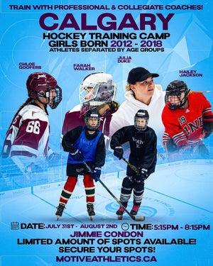 Calgary Girls Hockey Training Camp poster – coaches Chloe Goofers, Farah Walker, Julia Duke, and Hailey Jackson, girls born 2012-2018, July 31-August 2, 5:15-8:15PM, Jimmie Condon Arena