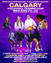 Calgary Girls Volleyball Training Camp poster – girls aged U14-U15, August 4-6, 10AM-4PM, JVCentre Smed Lane Sportsplex