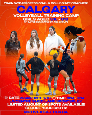 Calgary Girls Volleyball Training Camp poster – girls aged U16-U18, August 10-12, 3-9PM, JVCentre Smed Lane Sportsplex