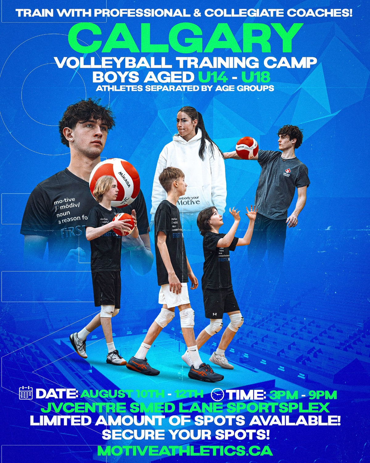 Calgary Boys Volleyball Training Camp poster – boys aged U14-U18, August 10-12, 3-9PM, JVCentre Smed Lane Sportsplex, Calgary