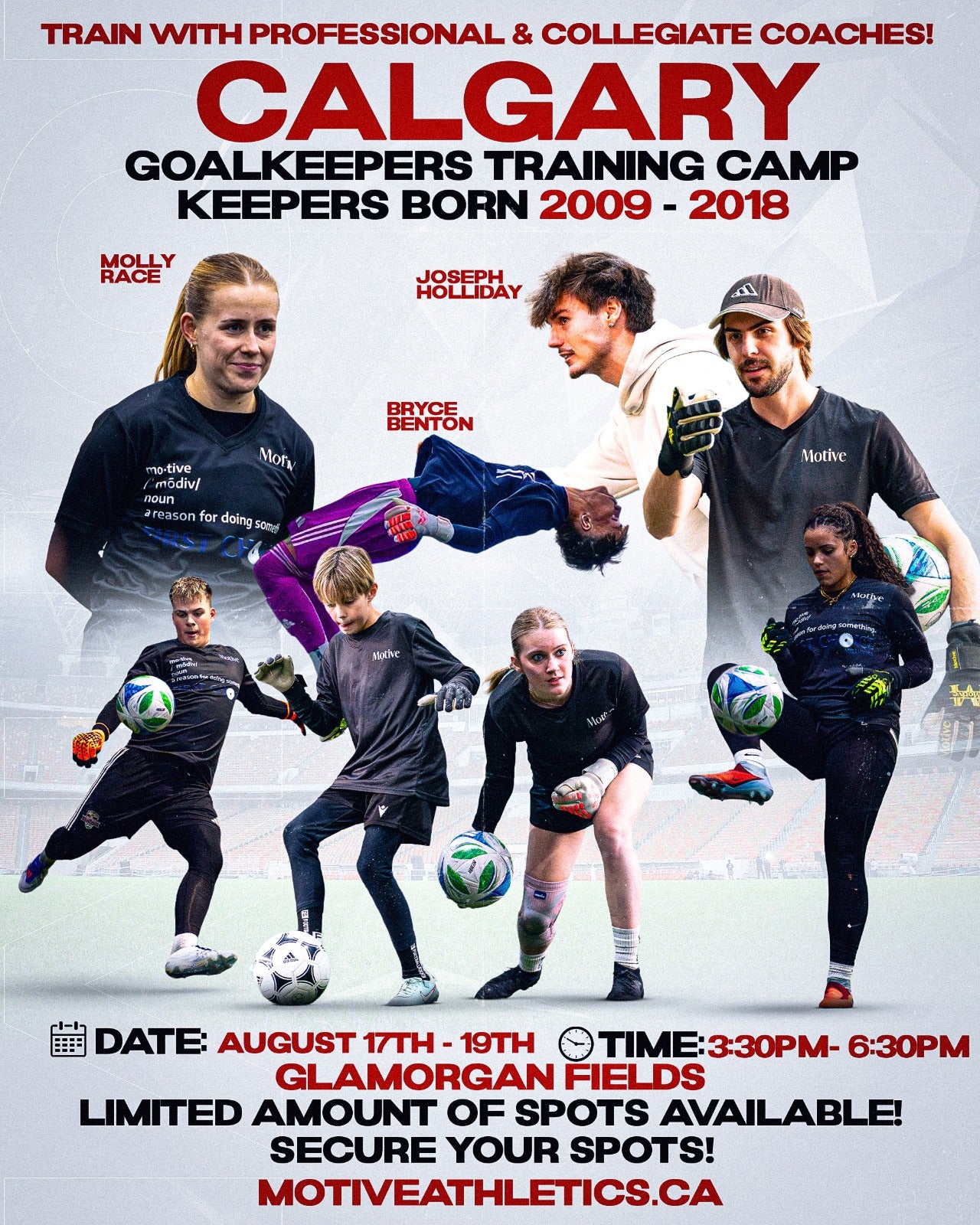 Calgary Goalkeepers Training Camp poster – coaches Molly Race, Joseph Holliday, and Bryce Benton, keepers born 2009-2018, August 17-19, 3:30-6:30PM, Glamorgan Fields