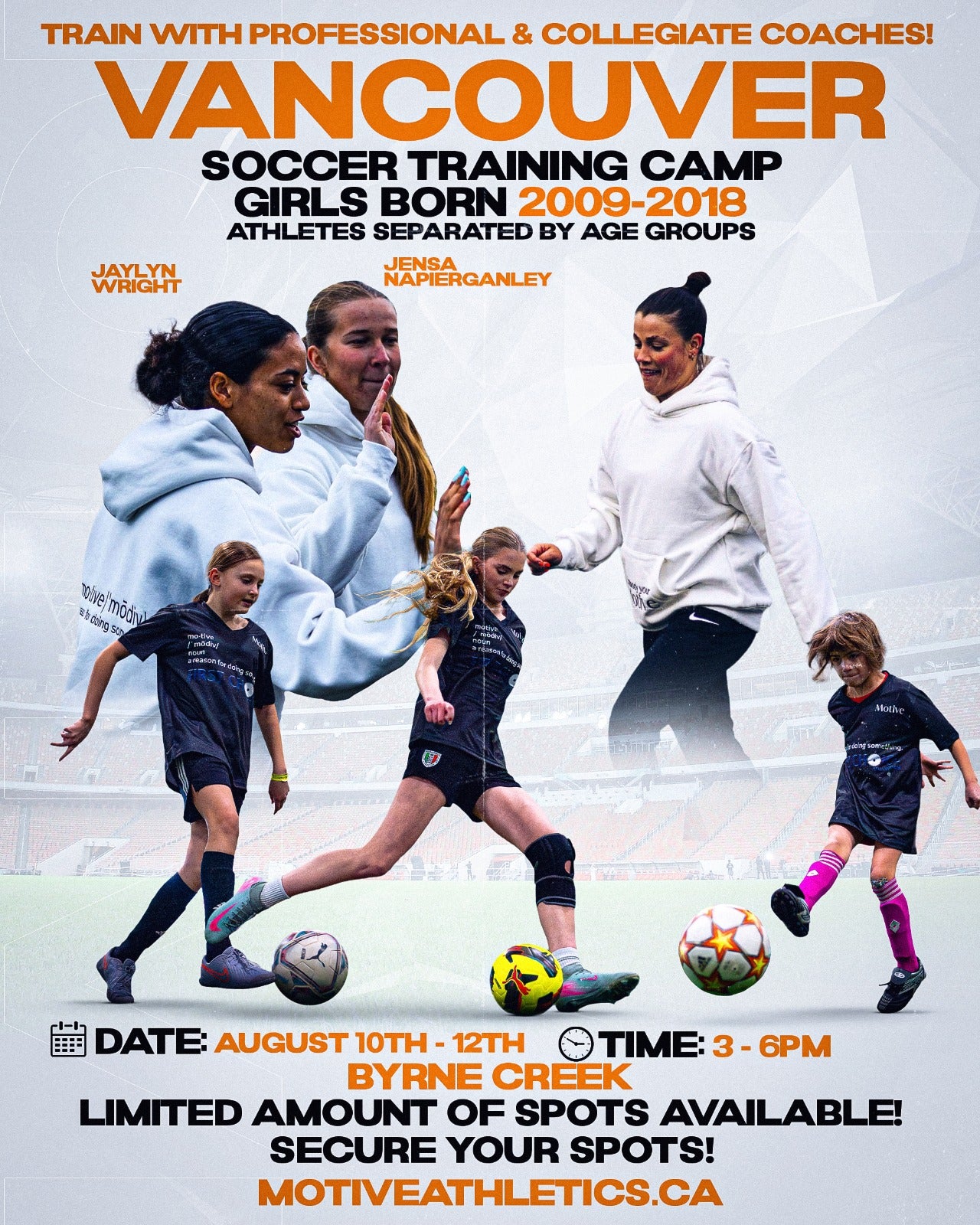 Vancouver Girls Soccer Training Camp poster – coaches Jaylyn Wright and Jensa Napierganley, girls born 2009-2018, August 10-12, 3-6PM, Byrne Creek