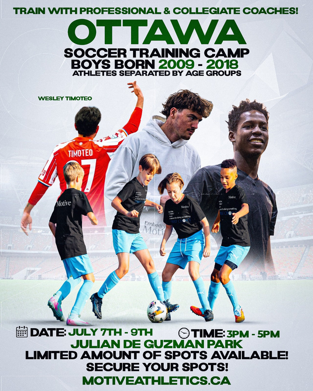 Ottawa Boys Soccer Training Camp poster – coach Wesley Timoteo, boys born 2009-2018, July 7-9, 3-5PM, Julian De Guzman Park
