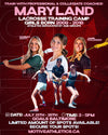 Promotional poster for Maryland Lacrosse Training Camp with coaches and participants on a red background.