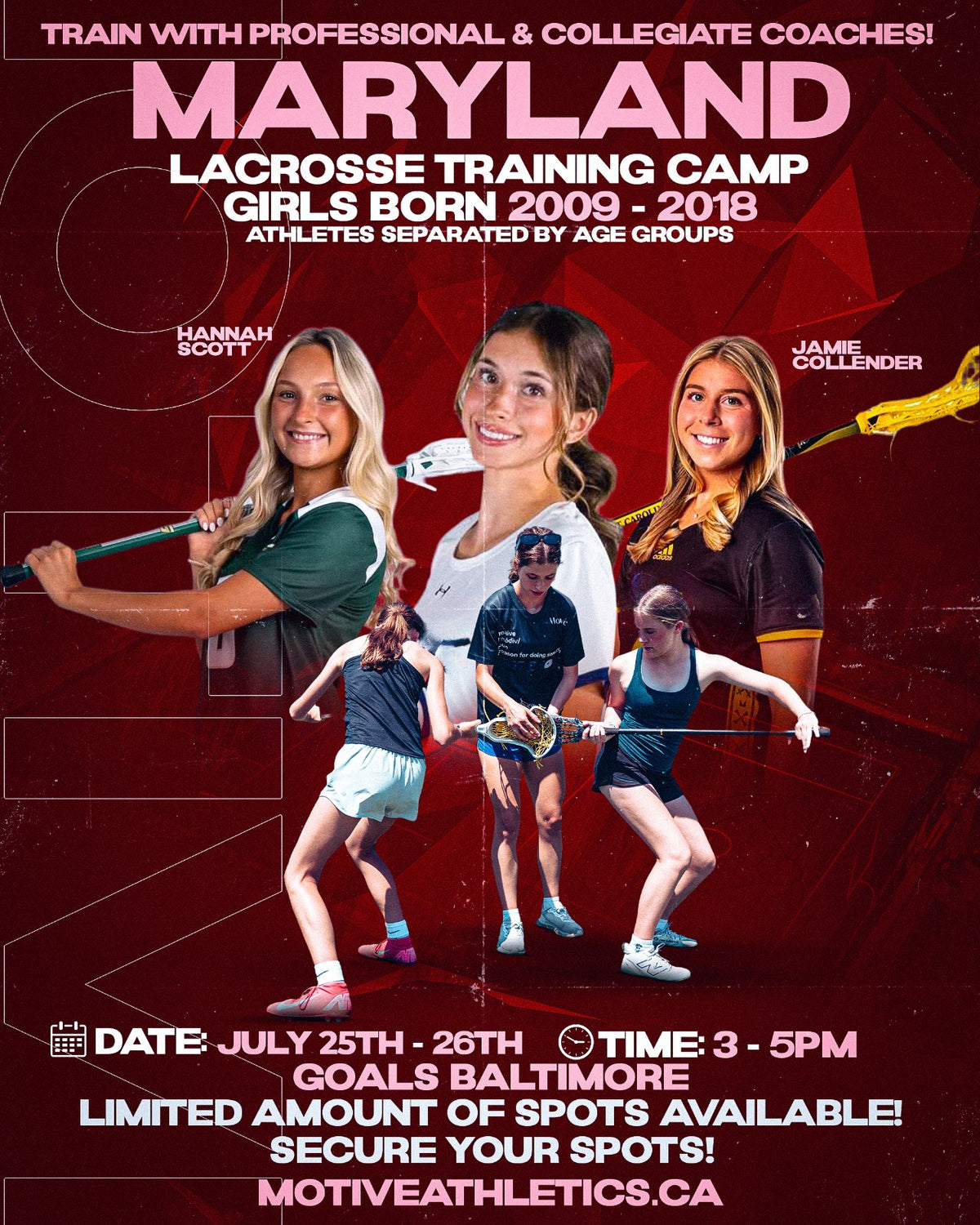Promotional poster for Maryland Lacrosse Training Camp with coaches and participants on a red background.