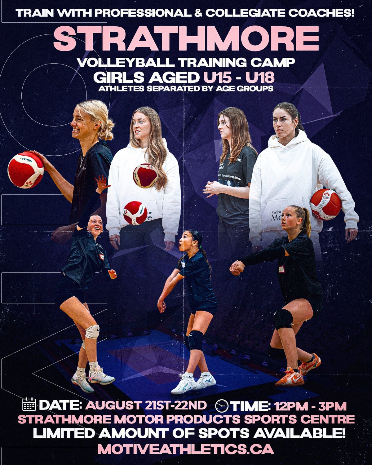 Strathmore Girls Volleyball Training Camp poster – girls aged U15-U18, August 21-22, 12-3PM, Strathmore Motor Products Sports Centre