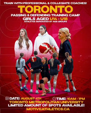 Toronto Girls Passing and Defending Volleyball Training Camp poster – girls aged U14-U18, August 4, 10AM-1PM, Toronto Metropolitan University