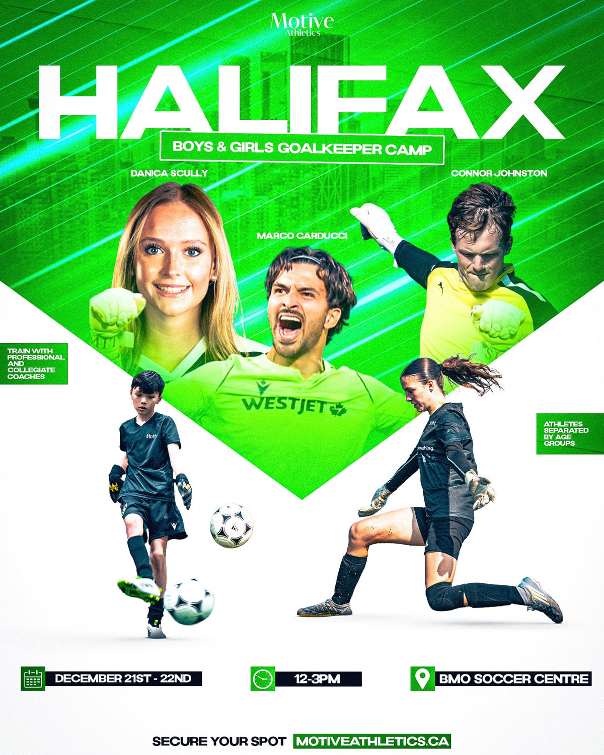 Halifax Boys & Girls Goalkeeper Camp poster – coaches Danica Scully, Marco Carducci, Connor Johnston, December 21-22, 12-3PM, BMO Soccer Centre