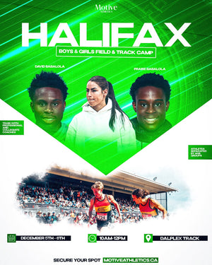 Halifax Boys & Girls Track & Field Camp poster – coaches David and Praise Babalola, December 5-6, 10AM-12PM, Dalplex Track