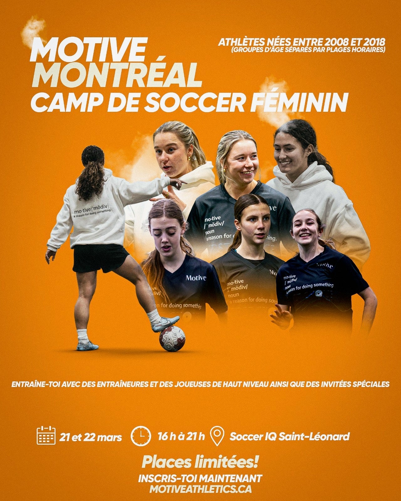 Promotional poster for Motive Montreal soccer camp in french
