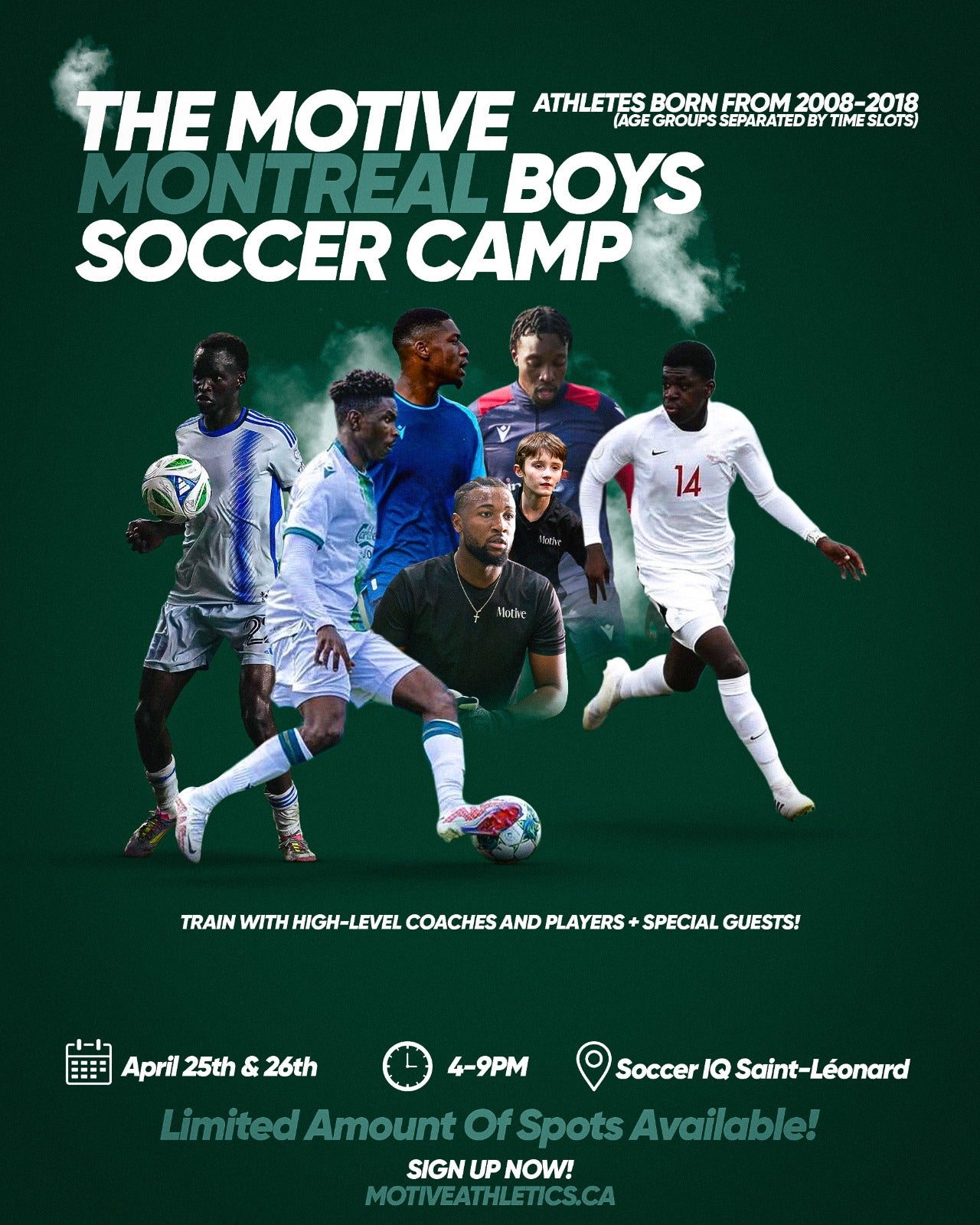 Motive Athletics Montreal Boys Soccer Camp promotional poster in english