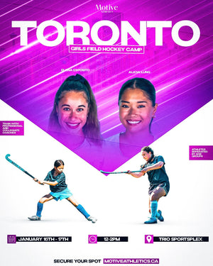 Toronto Girls Field Hockey Camp poster – coaches Elena Esposito and Alicia Lung, January 16-17, 12-2PM, Trio Sportsplex