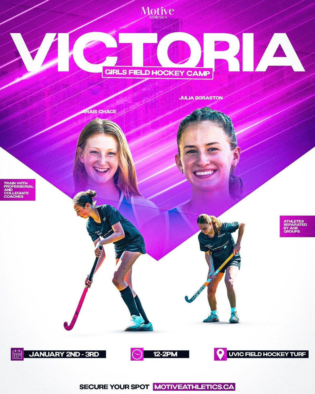 Victoria Girls Field Hockey Camp poster – coaches Anais Chace and Julia Boraston, January 2-3, 12-2PM, UVic Field Hockey Turf