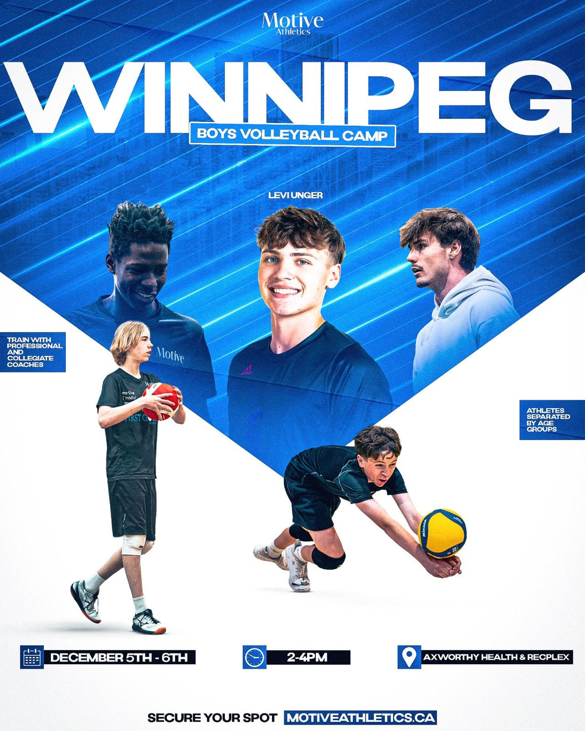 Winnipeg Boys Volleyball Camp poster - December 5-6, 2-4PM, Axworthy Health & RecPlex